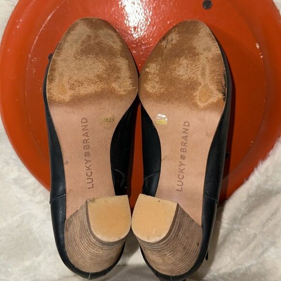 Lucky Brand 8.5 Black Tan Mabina Zip Side Buckle Leather Ankle Heel Boots - Picture 11 of 13